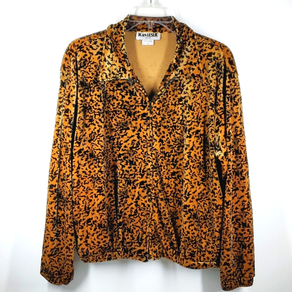 Vintage Joan Leslie Petite Abstract Black Gold Velour Warm up Jacket S